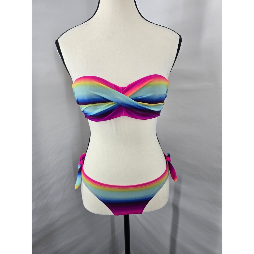 Victorias Secret Rainbow Ombre Bandeau Bikini Set 32B XS Twist Front Side Tie